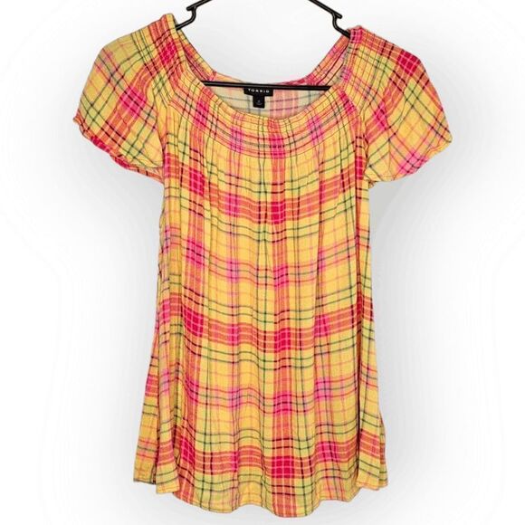 Torrid Plus Size Smocked Crew Neck Blouse Crinkle Gauze Plaid Yellow size 0X - Picture 4 of 9
